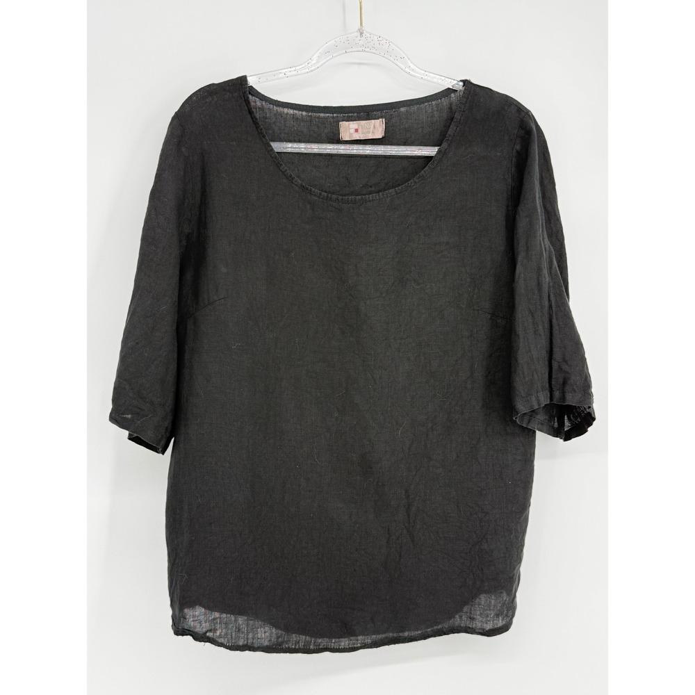 Tina Stephens Italy Black 100% Linen Ribbed Back Scoop Neck Top Sz O/S